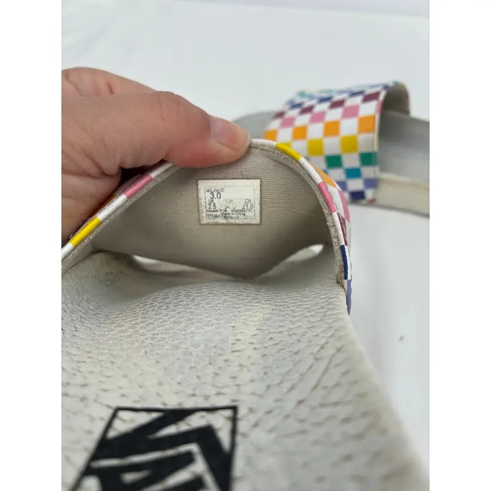 Vans Rainbow Checkered White Slides Sandals Play Condition 3.0 youth